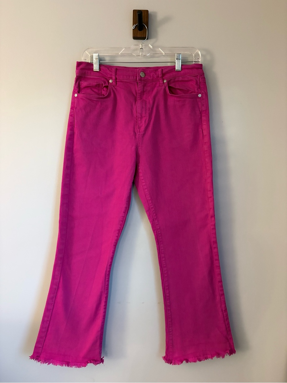 LOFT Pink Kick Crop Jeans Raw Fringe Hem High Rise Flare Size 29 8